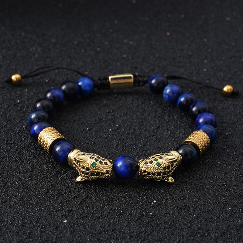 Luxury Tiger Eye Stone Beads Man Bracelet Leopard Head Charms Women Bracelets Couple Jewelry Christmas Gift