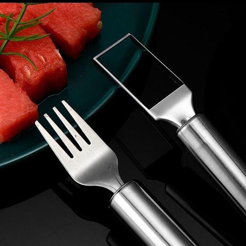 2-In-1 Stainless Steel Fruit Cutters Dual Head Watermelon Fork Cutter Slicer Tool For Home Kitchen Gadget Melon Cube Cutter