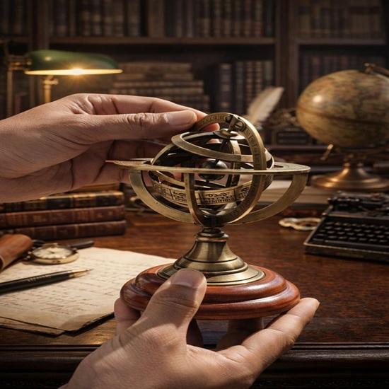 12.7 cm Brass Armillary Sphere Globe on Wooden Base Nautical Desk Decor Christmas Father’s Day Gift