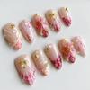 24Pcs Yellow French Full Cover Nails Tips Mid-length Almond Detachable False Nails 3D Flower Pearl Starburst Press on Fake Nails