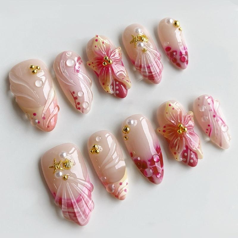 24Pcs Yellow French Full Cover Nails Tips Mid-length Almond Detachable False Nails 3D Flower Pearl Starburst Press on Fake Nails