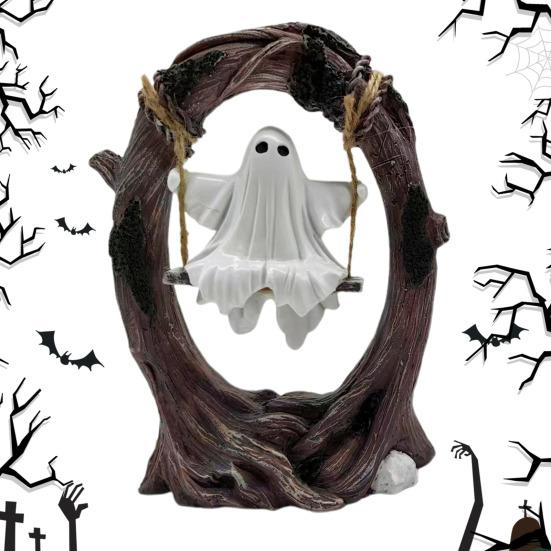 Halloween Ghost on Tree Swing Figurine Swinging Cartoon Ghost Statue Ornament Home Office Garden Patio Lawn Bookshelf Desktop Decoration