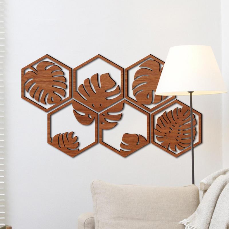 Palm Leaf Wall Art Wooden Board Leaf Splicing Wall Sticker Creative Hexagonal Wooden Wall Decoration Wall Art For Bedroom