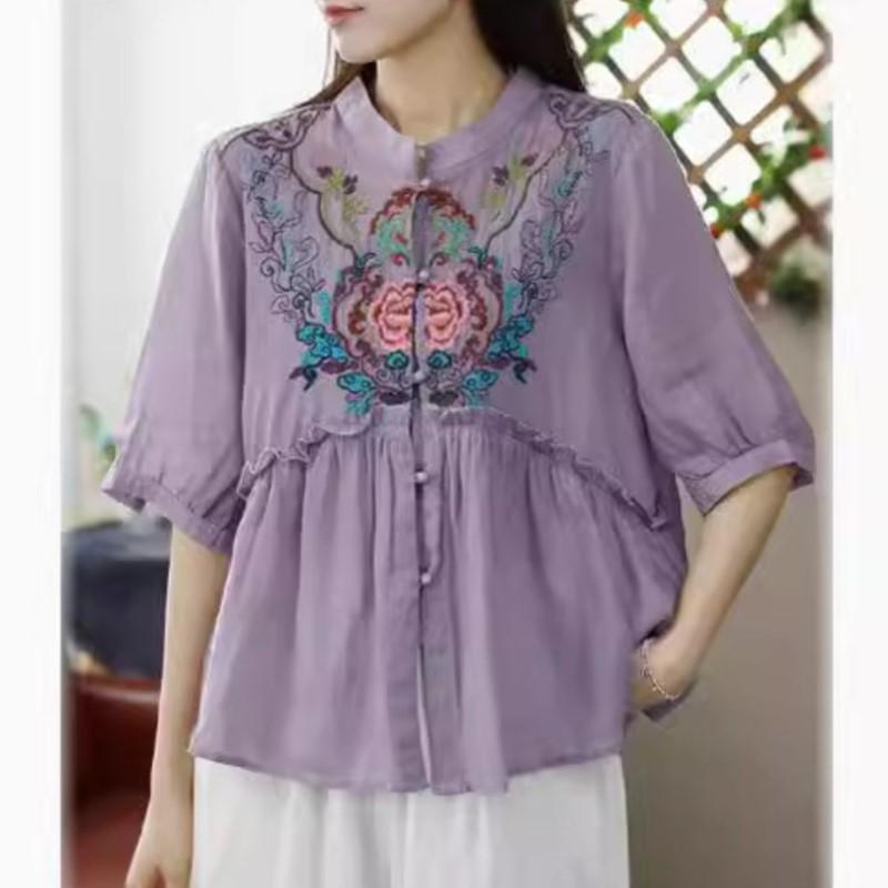 Johnature Women Embroidery Floral Vintage Shirts Tops Stand Half Sleeve Blouses