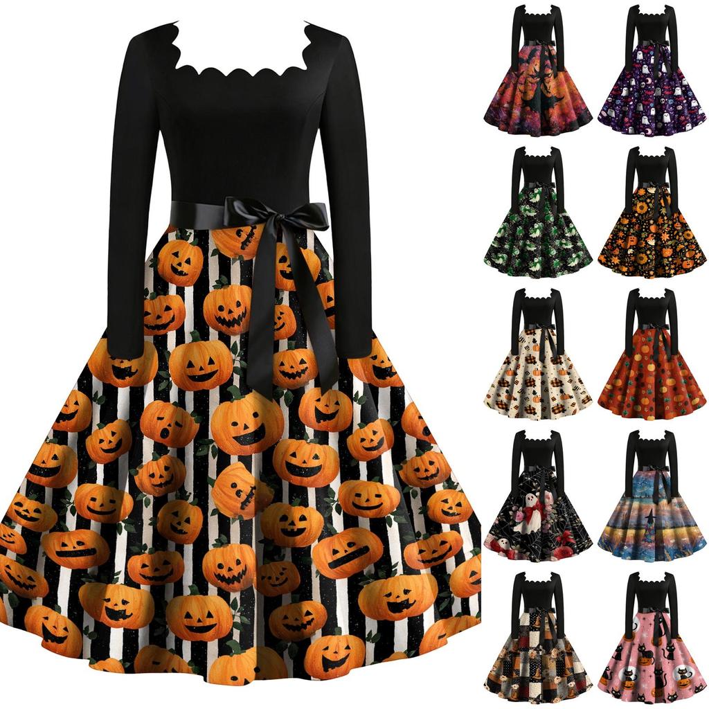 Women's Retro Long Sleeve Square Neck Halloween Print Party Dress