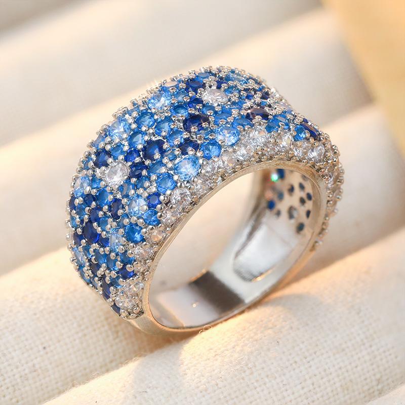 Luxury Inlaid White Blue CZ Women's Ring Elegant CopperColor Geometry Daily Wear Party Jewelry Anniversary Gift