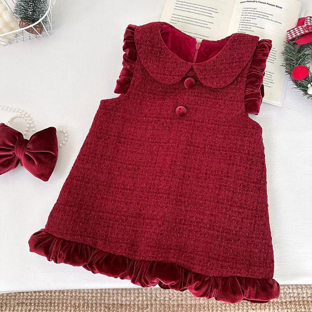 Children's Thick Velvet Lapel Vest Dress - Winter Birthday/New Year Sleeveless Princess Dress