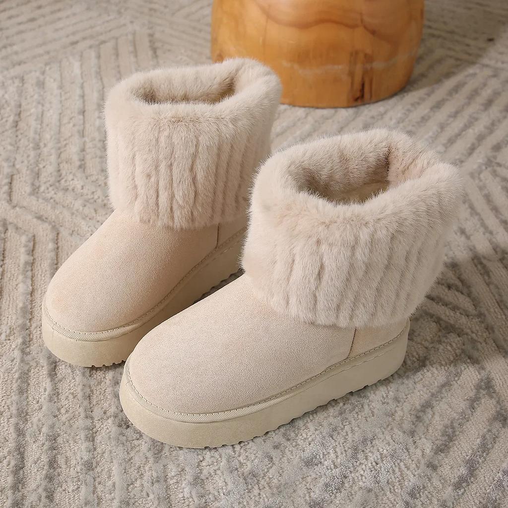 Inverno Donna Breve Peluche Stivali da neve caldi Scarpe casual Nuova pelliccia scamosciata Chelsea Stivaletti Appartamenti Piattaforma Scarpe da donna Botas
