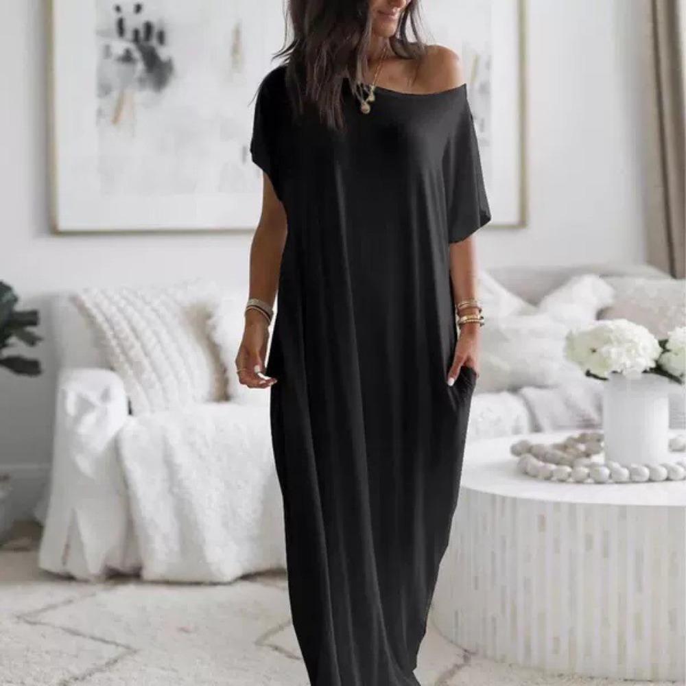 Summer Women's Solid Color Short Sleeve Long Casual Dress