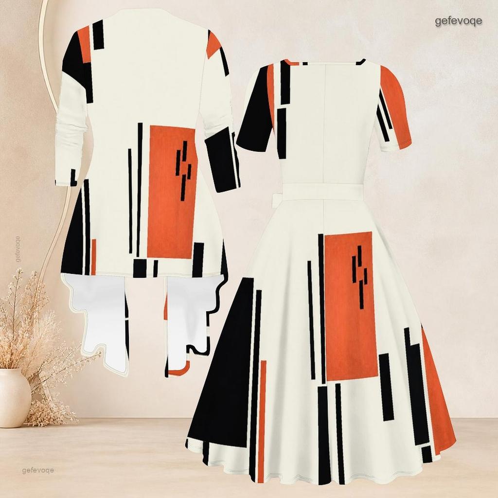 Women Plus Size Two Piece Set Abstract Printed Square Neck Short Sleeve Belted Flared Dress 3 4 Sleeve Open Front Cardigan
