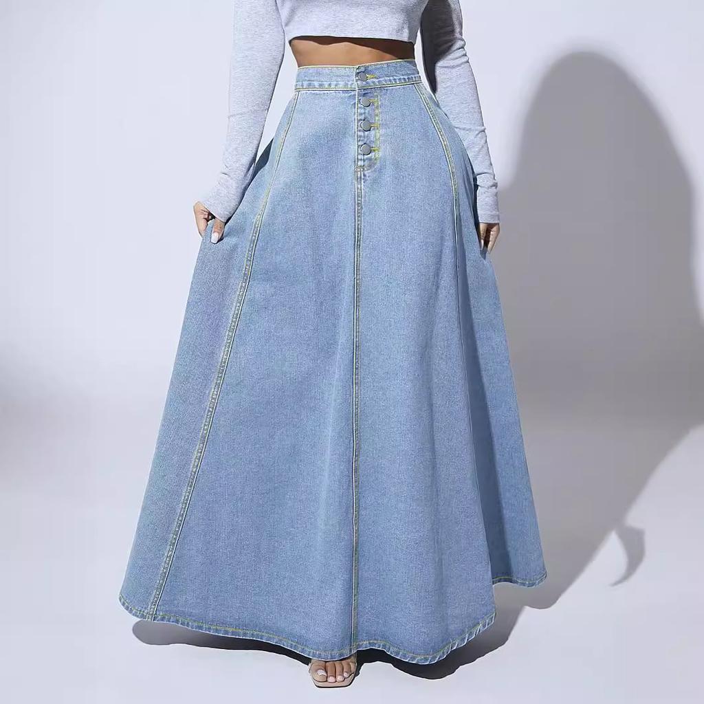 Single-breasted Denim Skirt Female Retro Western Style Big Swing A-line Skirt