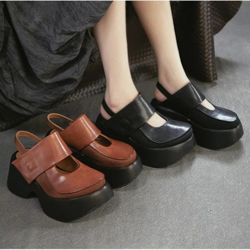 Johnature Sandale Retro cu Vârf Rotund și Talpă Groasă Versatile din Piele Naturală cu Toc Gros Pantofi cu Platformă pentru Femei