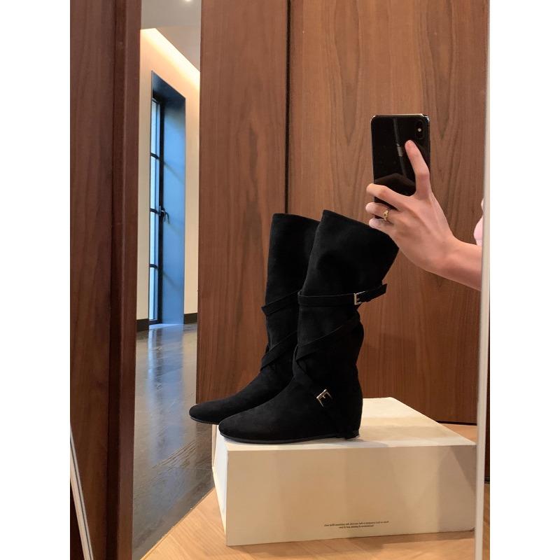 

Round head flat bottom suede stacking boots women s new retro versatile belt buckle heightened and thin medium boots 40