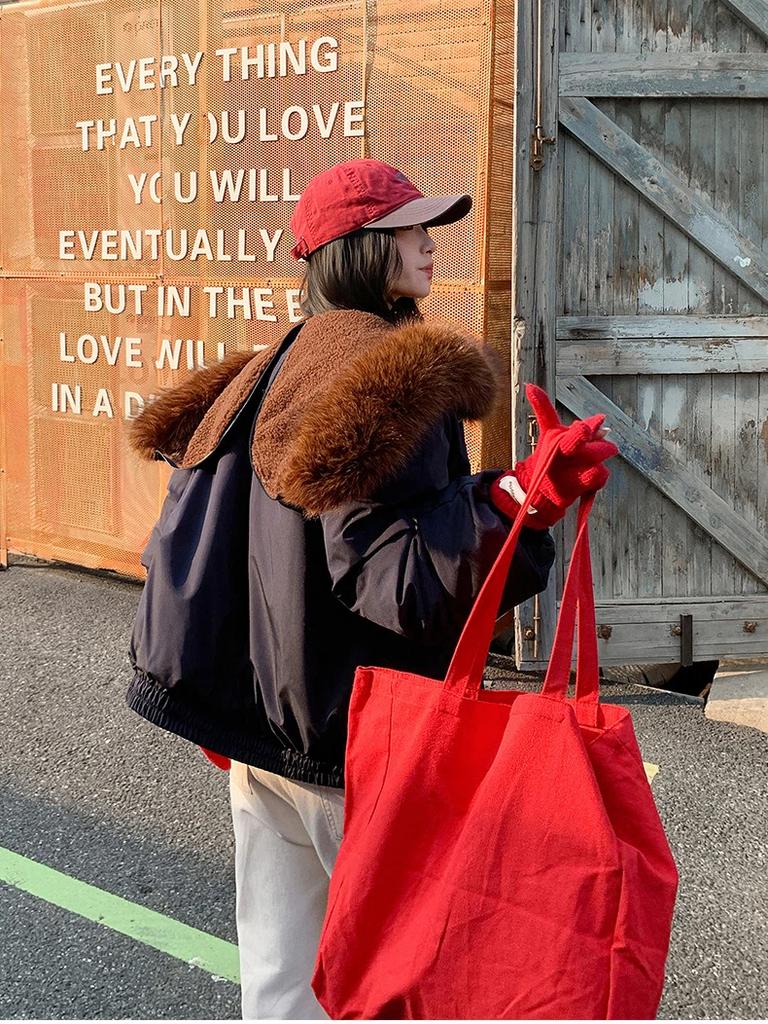 Women’s Short Hooded Windproof Thicken Warm Winter Jacket With Big Fur Lapel