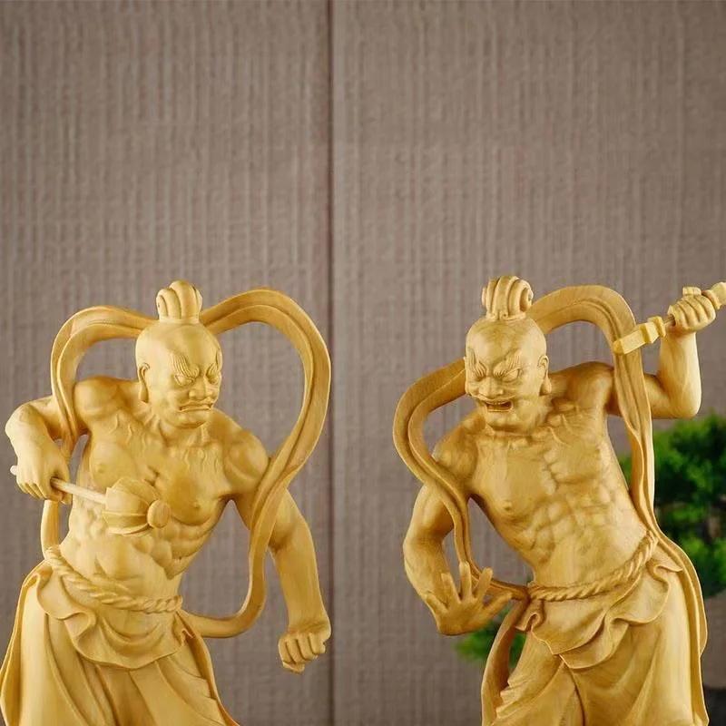 Wood Carving Hum Ha Two Will Door God Statue  Chinese Mythological Figure Home Living Room Office Feng Shui Guardian StatueApair
