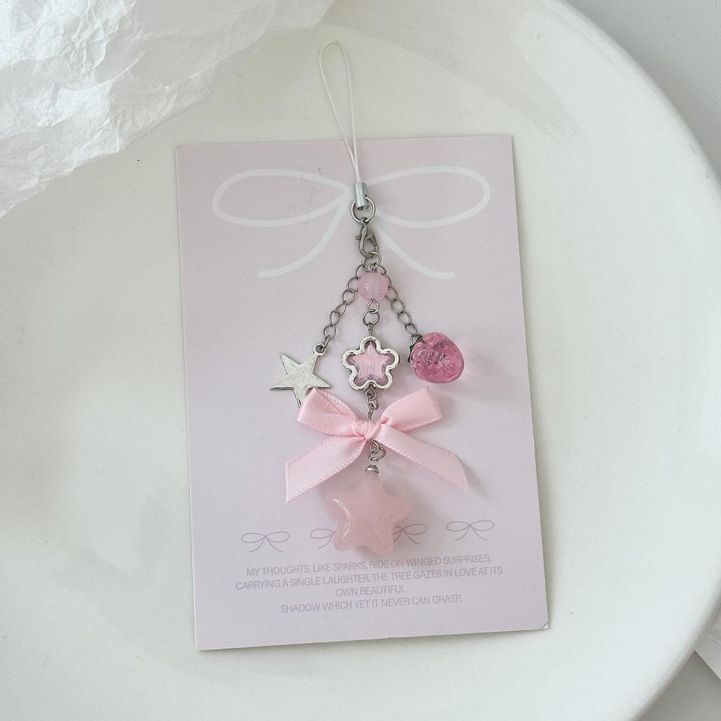 Y2K Chubby Star Perlen-Handy-Anhänger & Erdbeer-Schleifen-Schlüsselanhänger