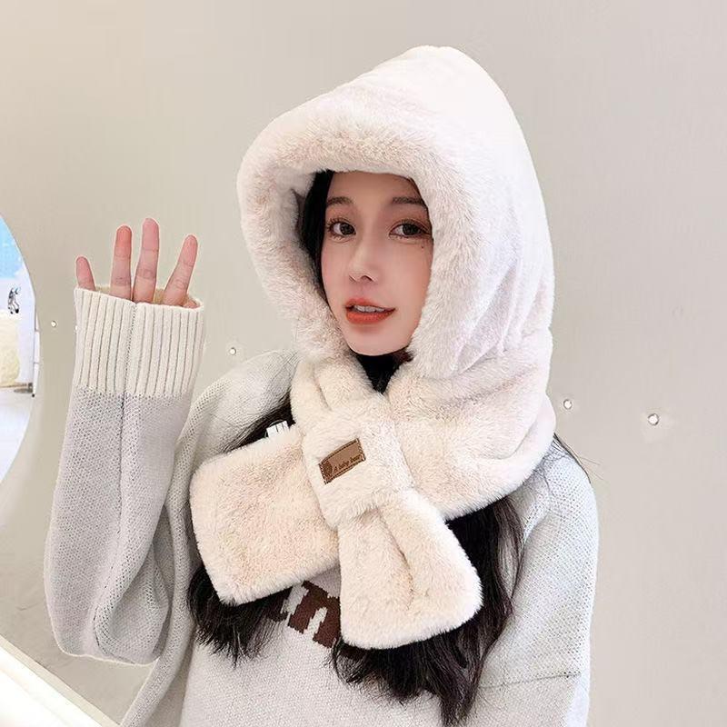 Windproof Hat Women's Winter Hat Scarf Integrated Cycling Scarf Cap Plush Thickened Ear Protector Electric Vehicle Warm Artifact