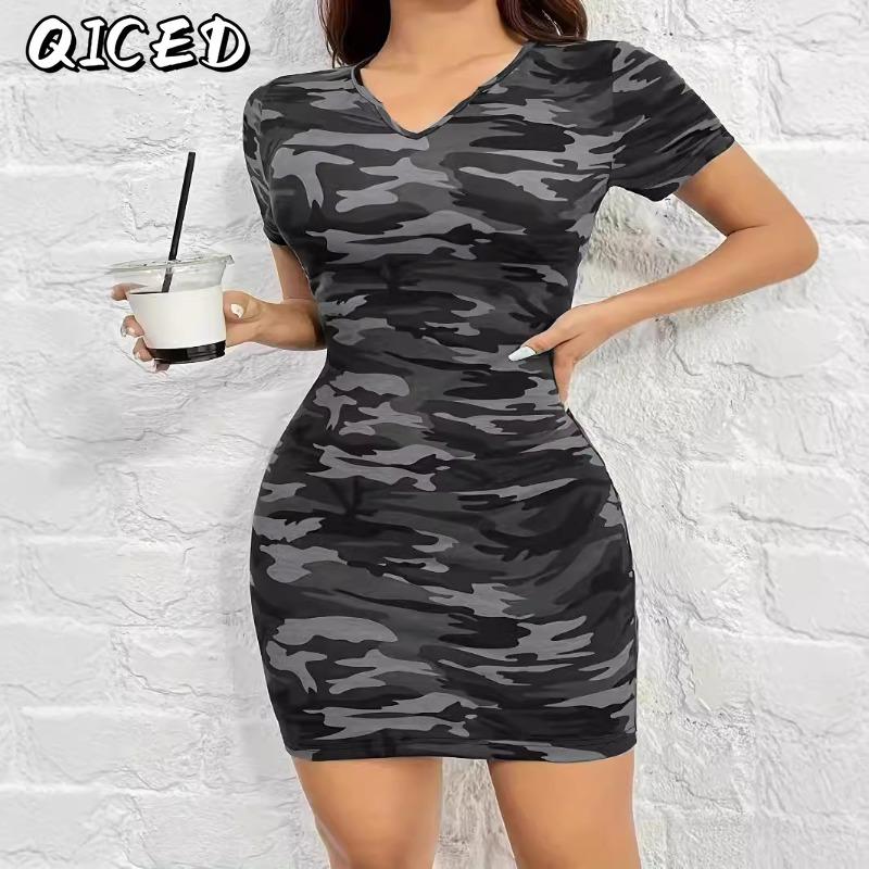 QICED Fashion Summer Spring Short Sleeve V-Neck Casual Dresses