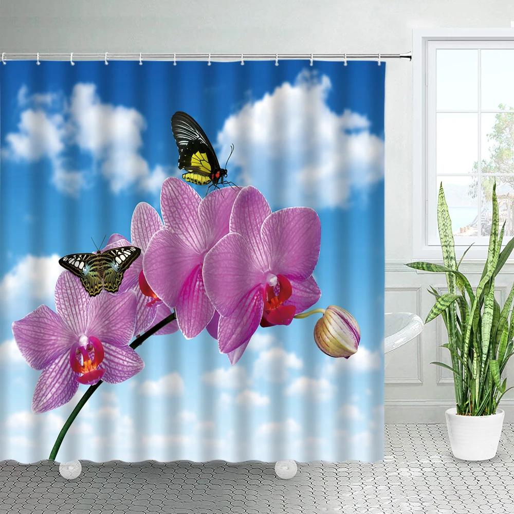 White Orchid Floral Shower Curtains Sets Rural Natural Flowers Zen Spa Plants Bathroom Fabric Bath Curtain With Hooks Home Decor