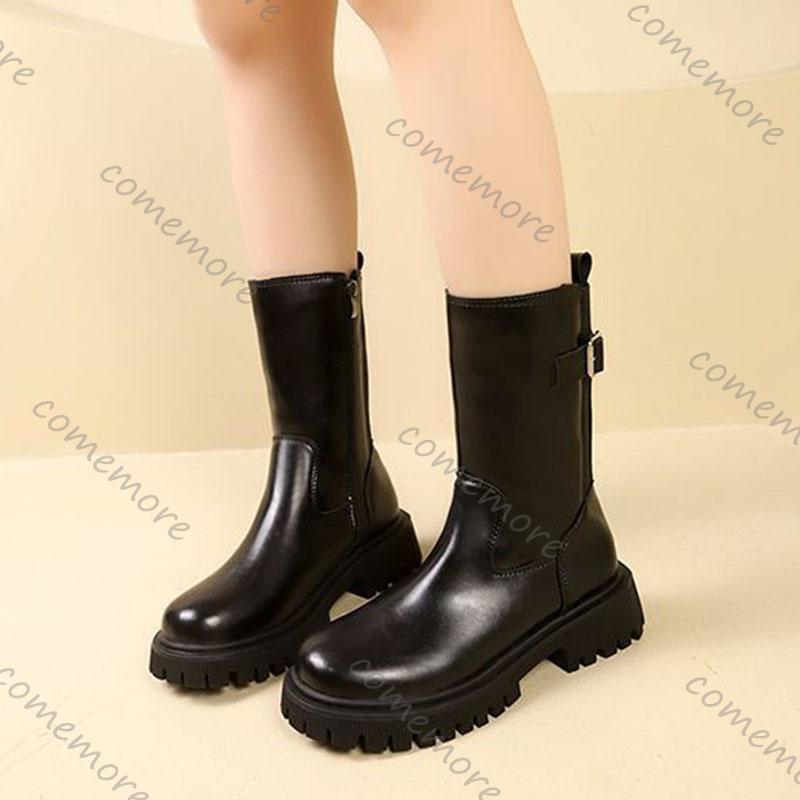 Comemore Womens Mid-calf Boots Leather Chelsea Female Solid Color New Autumn Shoes Side Zip Thick Heeled Bota Feminina