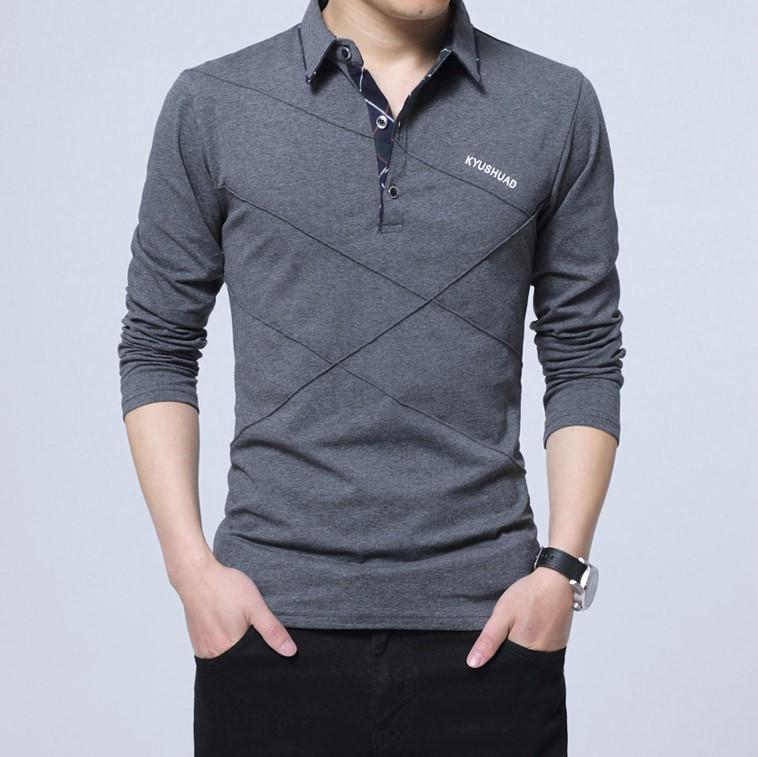 Men's Long-Sleeve Striped Polo Shirt - Plush Autumn/Winter Top