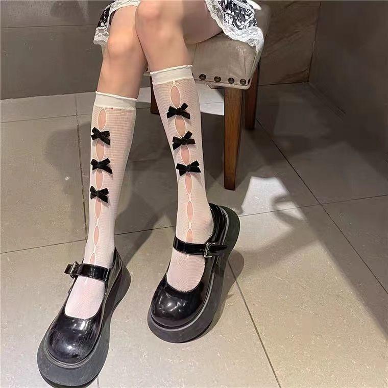 Chaussettes mi-mollet Lolita style japonais à nœud papillon | Dentelle ajourée Pure Désir - Été fin & Polyvalent JK