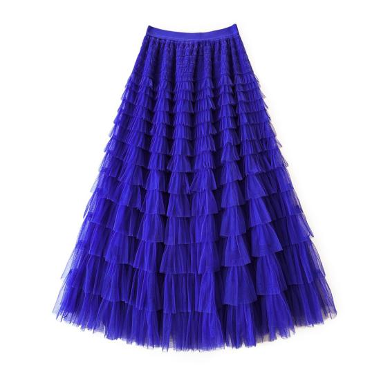 Saia Bolo Feminina Cintura Alta Elástica Linha A Barra com Babados Multicamadas Cor Sólida Saia Longa Trabalho Lazer Uso Diário