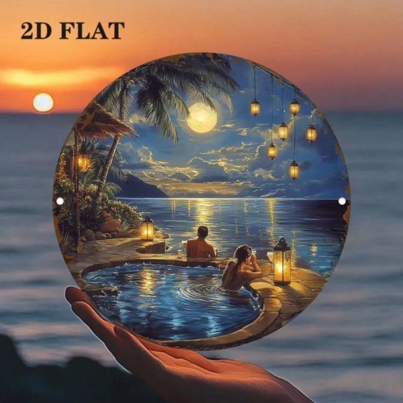 Tropical Moonlight Beach Metal Wall Sign Palm Tree Lantern Bar Pub Decor