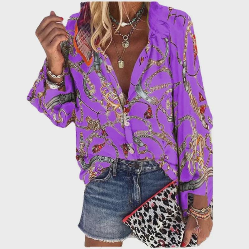Women's Autumn/Winter Multi-Color Chain Print Stand Collar Long Sleeve Shirt