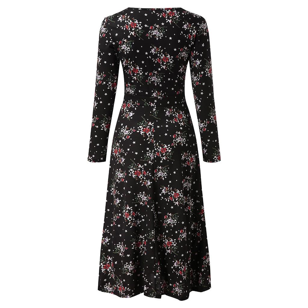 Women Floral Beach Dress Long Sleeve Casual Party Vintage Boho Dress
