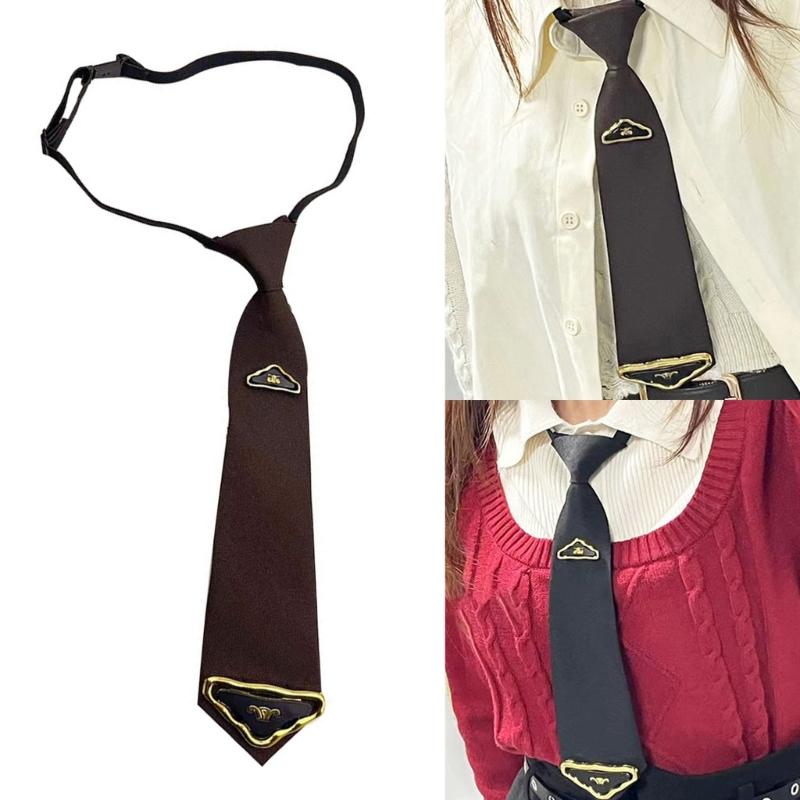 Preppy School Neck Tie with Triangular Charm Vintage Pre Tied Necktie Neckwear for Adult and Kids Student Uniform Ties