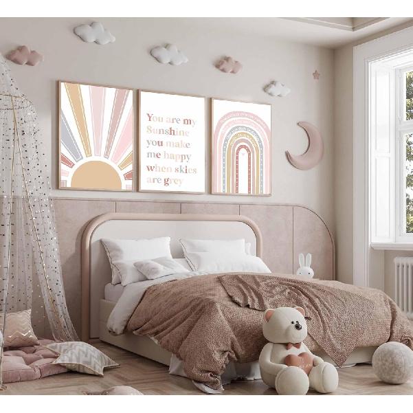 3 Pcs Boho Nursery Canvas Wall Art Pink Sweet Rainbow You Are My Sunshine Painting Pictures Wall Decor Poster Print Artwork For Kids Room Girls
