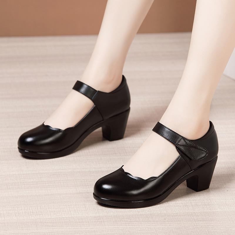 Classical Black Work Shoes Women Leather Single Shoes Women Spring Autumn Round Toe High Heels Comfortable Shoes Sde