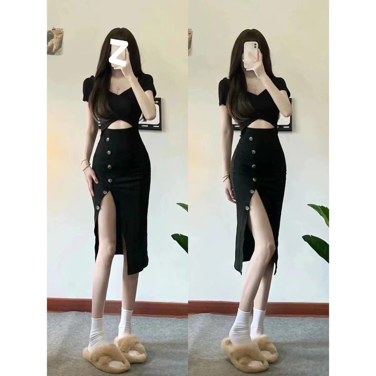 

Sexy, light and familiar, pure desire style design sense, Spice Girl Royal Sister, black short-sleeved split-ended hip-wrapped dress s 40-47.5kg