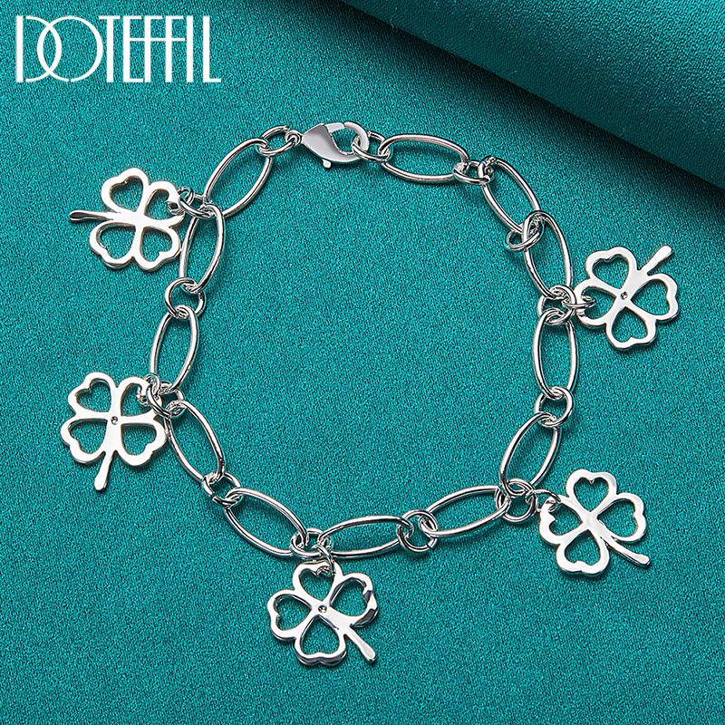 Four Leaf Grass Pendant Bracelet Party Gift Silver Fashion Jewelry