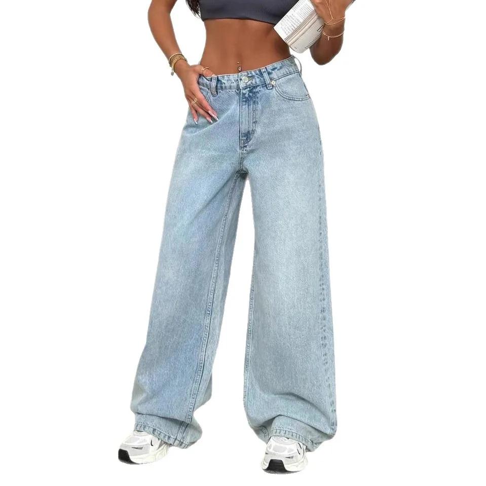 Retro High Waist Commuter Light Color INS Straight Leg Slimming Versatile Wide Leg Floor Length Pants Jeans