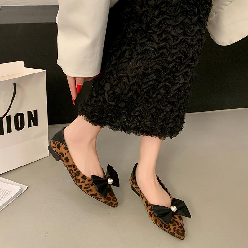 Fashion Spring New Flat Shoes Women's Fashion Pointed Head Shallow Mouth Butterfly Suede Leopard Soft Sole Non-slip Low Top Shoes