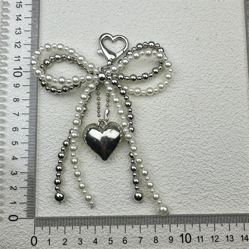 Double-layer Sweet Lovely Beaded Bowknot Heart Keychain Pendant Hanging Decor Keyring Lanyard Phone Charm Bag Pendant Supplies