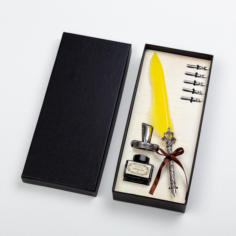 Goose Feather Pen Set with Carved Base and Stainless Steel Nibs - Unique Gift