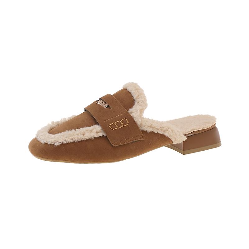 Autumn Women's Shoes New Thickened Plush Warm Mules Retro Faux Suede Moccasin Metal Coins Penny Loafers Fashion Fleeces Slippers