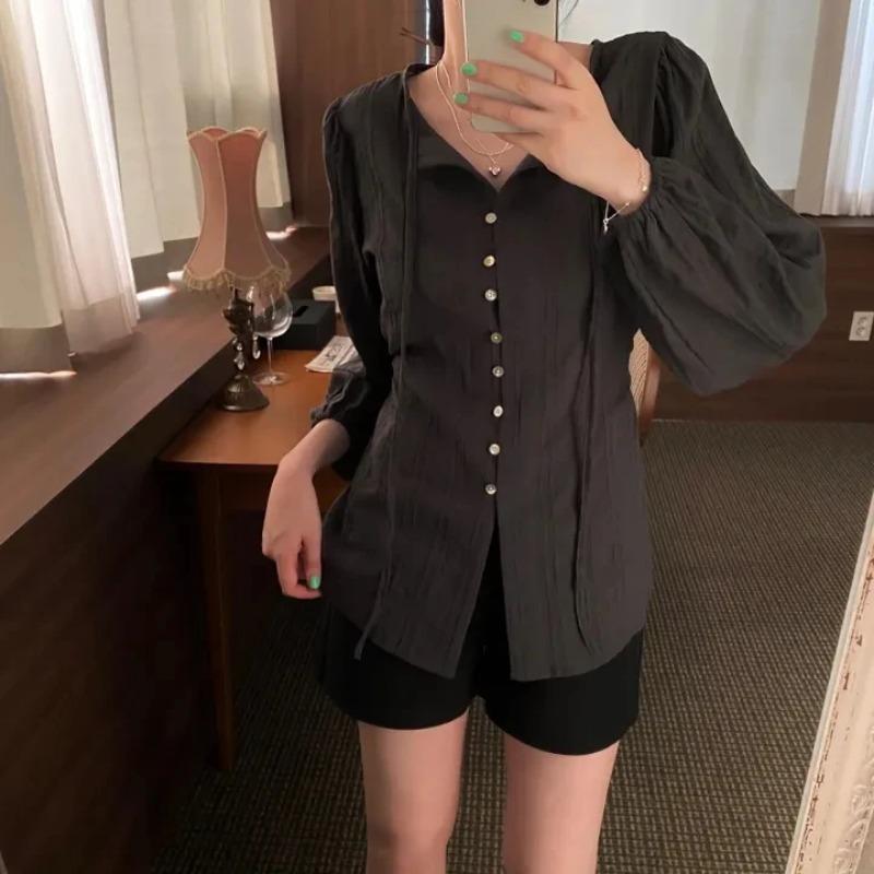 Korean Series Chic Chic Top Women Autumn French Sle Gentle Sweet Temperament Lapel Lace-up Waist Hugging Slimming Long Sleeve