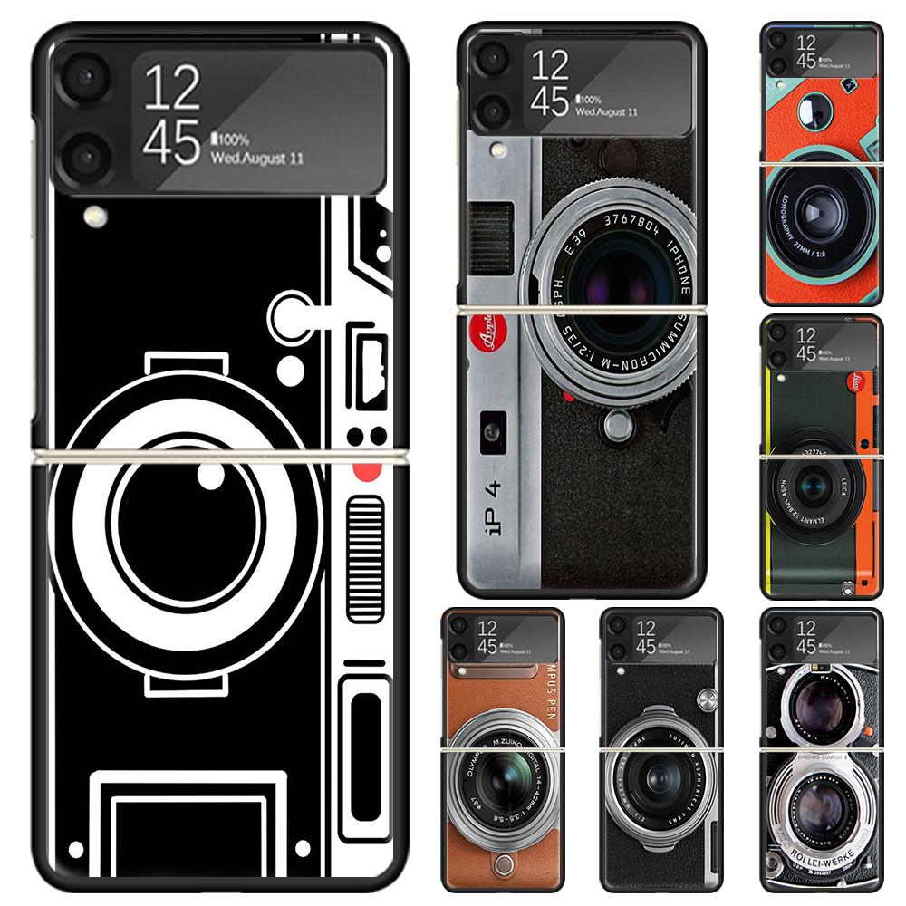 Fashion Classic Camera Lens Hard PC Phone Case For Samsung Galaxy Z Flip 7 6 5 4 3 Black ZFlip7 ZFlip6 Flip5 Flip4 Flip3 5G Prin