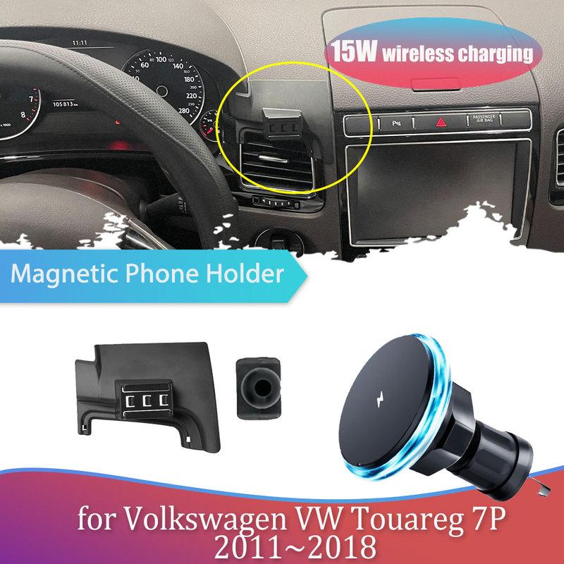 15W Car Phone Holder for Volkswagen VW Touareg 7P 2011~2018 GPS Magnetic Support Clip Wireless Charging Base Accessories iPhone