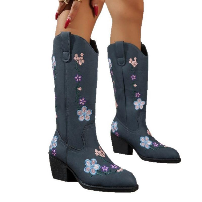 Autumn and Winter Medium Heel Large Size Embroidered Women's Boots Medium Boots Sleeve Pointed Martin Boots