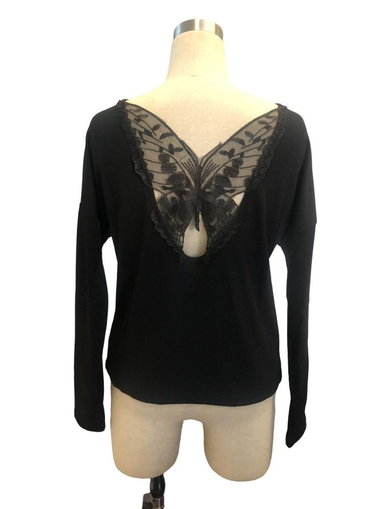 Women's Solid Color Back Splicing Butterfly Flower Rib Long Sleeve T-shirt Tops for Women Versatile Closet Essential Fashion Items Shirt