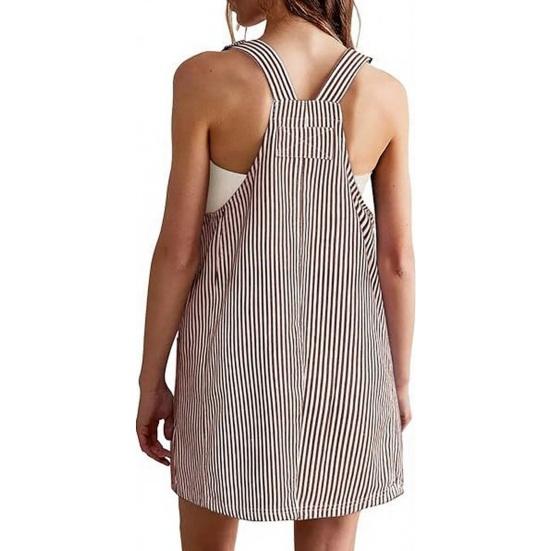 Damen Trägerkleid U-Ausschnitt Ärmellos Gestreiftes Mini-Kleid mit Taschen Lockerer Schnitt Schlankmachendes Aussehen Kleid Arbeits- und Freizeitkleidung