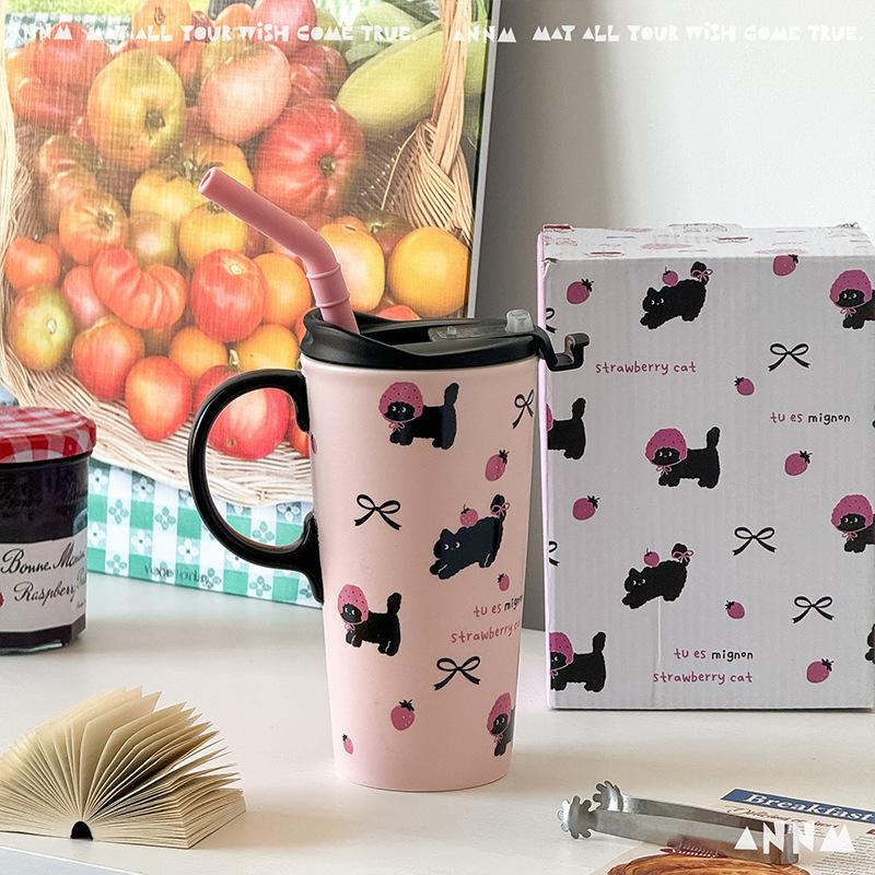 Cute Water Cup for Women New High Appearance Level Ceramic Mug Household Drinking Cup Large Capacity Straw Cup