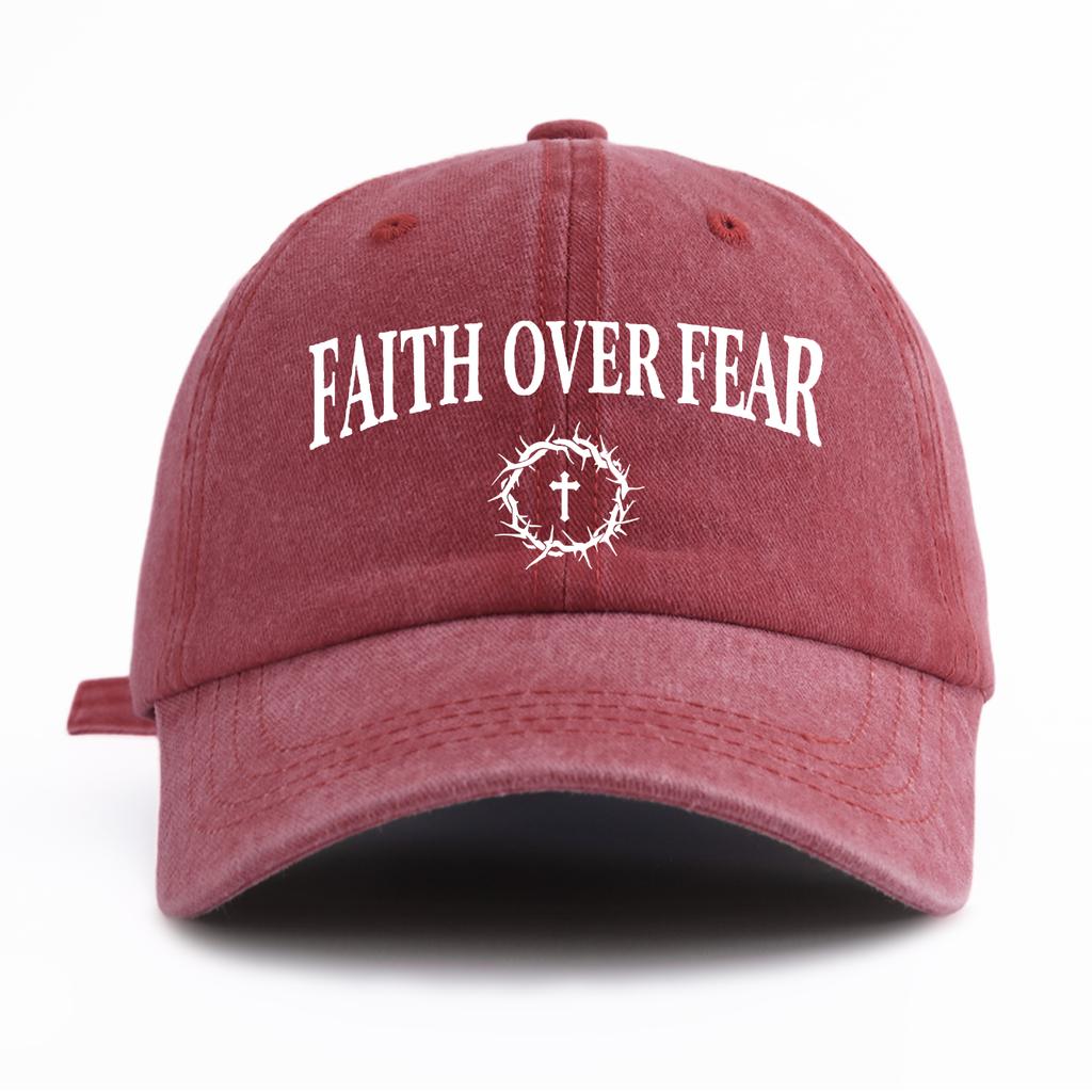 1pc FAITH OVER FEAR Print Washed Baseball Cap for Adults,Minimalist Retro Style Casual Soft Adjustable Dad Hat, Perfect As Gift