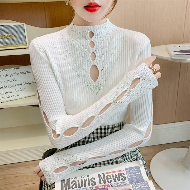

Модный свитер с длинными пышными рукавами и бусинами, сплошной цвет, сексуальные открытые вязаные топы для женщин, 2023, корейский пуловер, одежда 29227 One Size белый