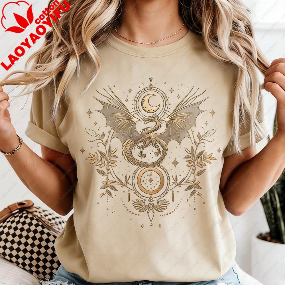 Celestial Dragon Moon Phase T-Shirt Witchy Boho Floral Tee Gothic Style Women Fashion Casual Tshirt Retro Design Printed Tops